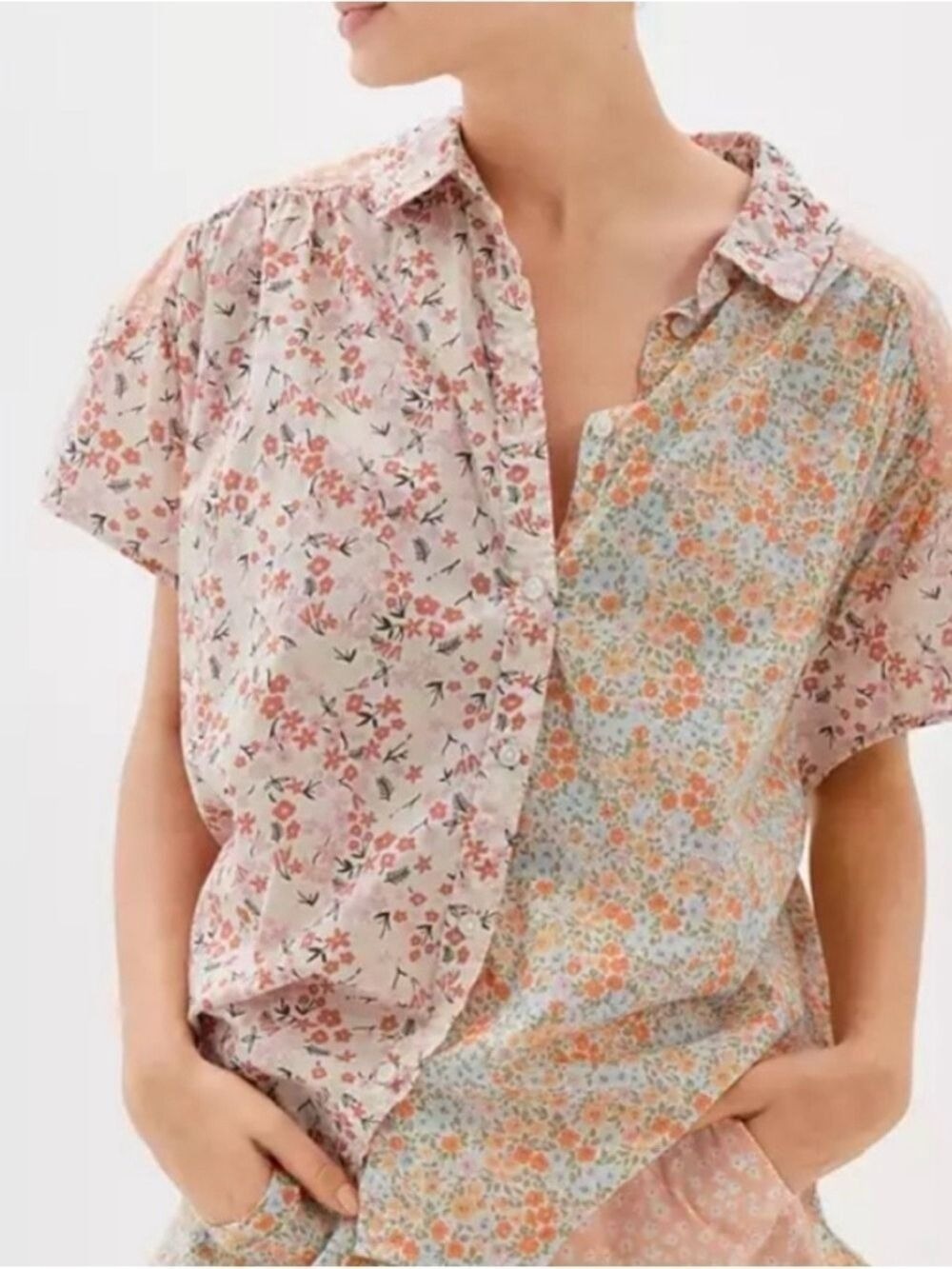 American Eagle Outfitters Pink Floral Patchwork Button-Down Top Medium